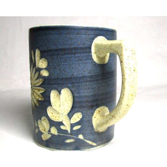 Handcrafted Ceramic Mug 8 ounces Speckled Floral Blue & Cream Artisan Pottery - Picture 3 of 7